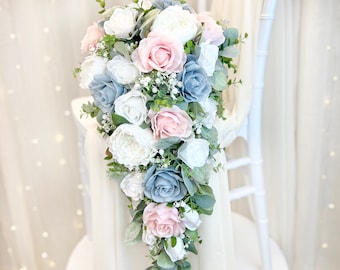 Dusty Blue & Pink Rose Cascade Bouquet: Silk Wedding Flowers