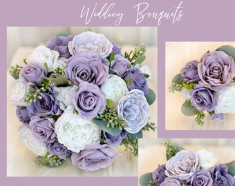 LILAC & DUSTY PLUM Wedding Bouquet Set with Mini Roses | Elegant Lilac Bridal Bouquet | Lilac Bouquet | Silk Bridal Bouquet