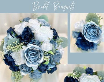 SLATE BLUE DUSTY Blue Wedding Bouquet Set with Mini Roses | Silk Bridal Bouquet | Faux Bouquet | Beach Wedding Teardrop Bouquet