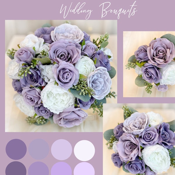 LILAC & DUSTY PLUM Wedding Bouquet Set with Mini Roses | Elegant Lilac Bridal Bouquet | Lilac Bouquet | Silk Bridal Bouquet