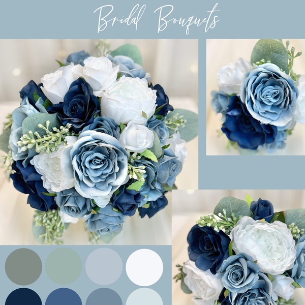 SLATE BLUE DUSTY Blue Wedding Bouquet Set with Mini Roses | Silk Bridal Bouquet | Faux Bouquet | Beach Wedding Teardrop Bouquet