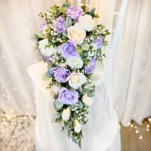 Lavender and Ivory Cascade Bouquet | Silk Bridal Bouquet | Cascading Wedding Bouquet | Faux Bouquet | Darling Teardrop Bouquet