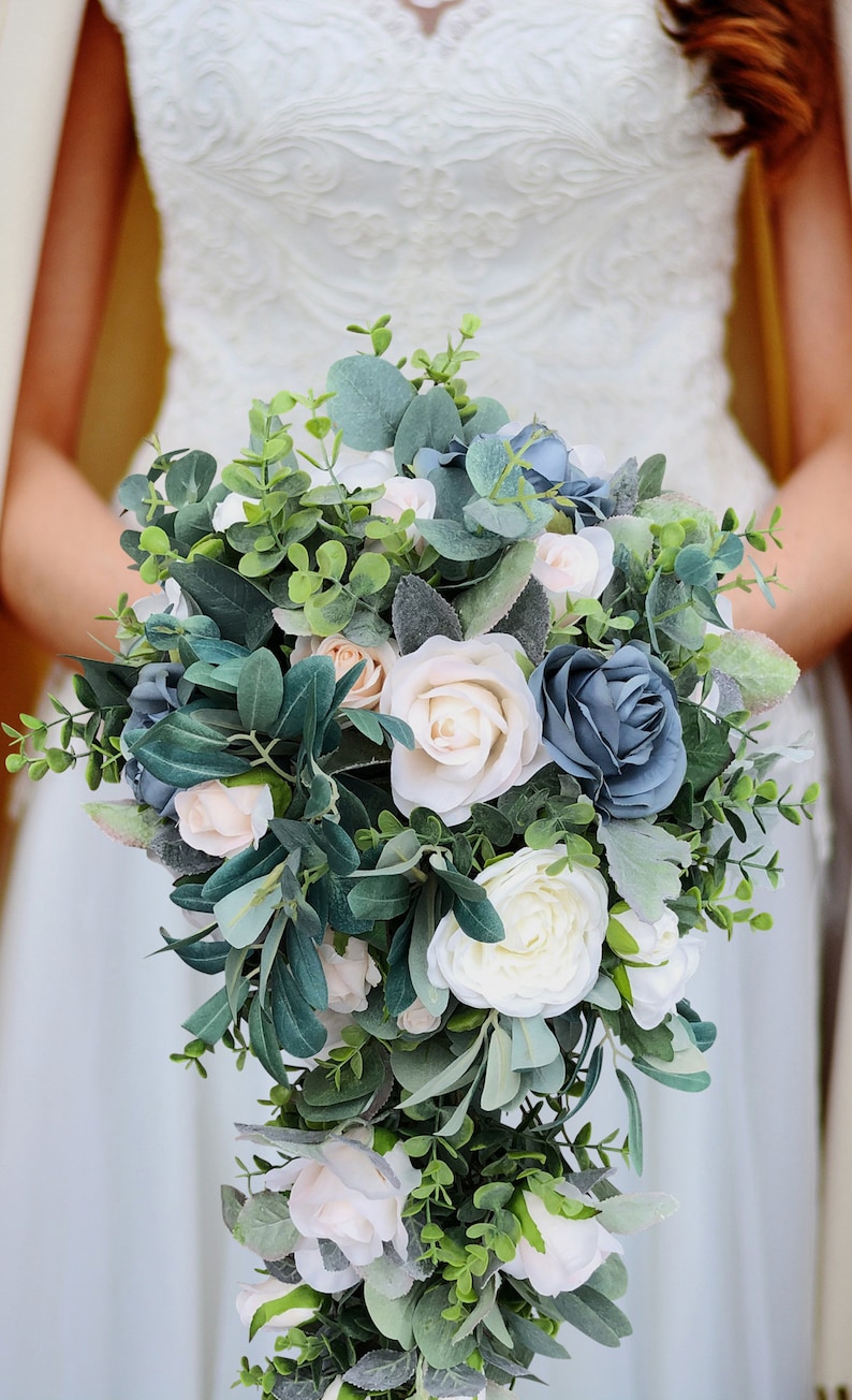 Dusty Blue & Ivory Cascade Eucalyptus Bouquet Faux Wedding