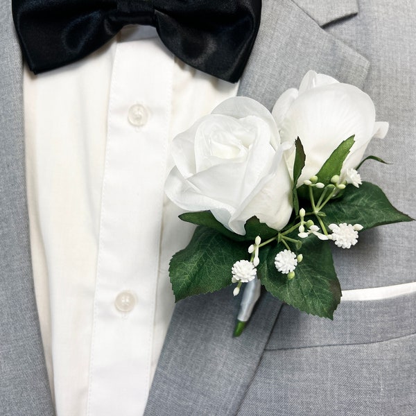 White Double Rose + Babies Breath Boutonniere for Wedding | Groom Boutonniere