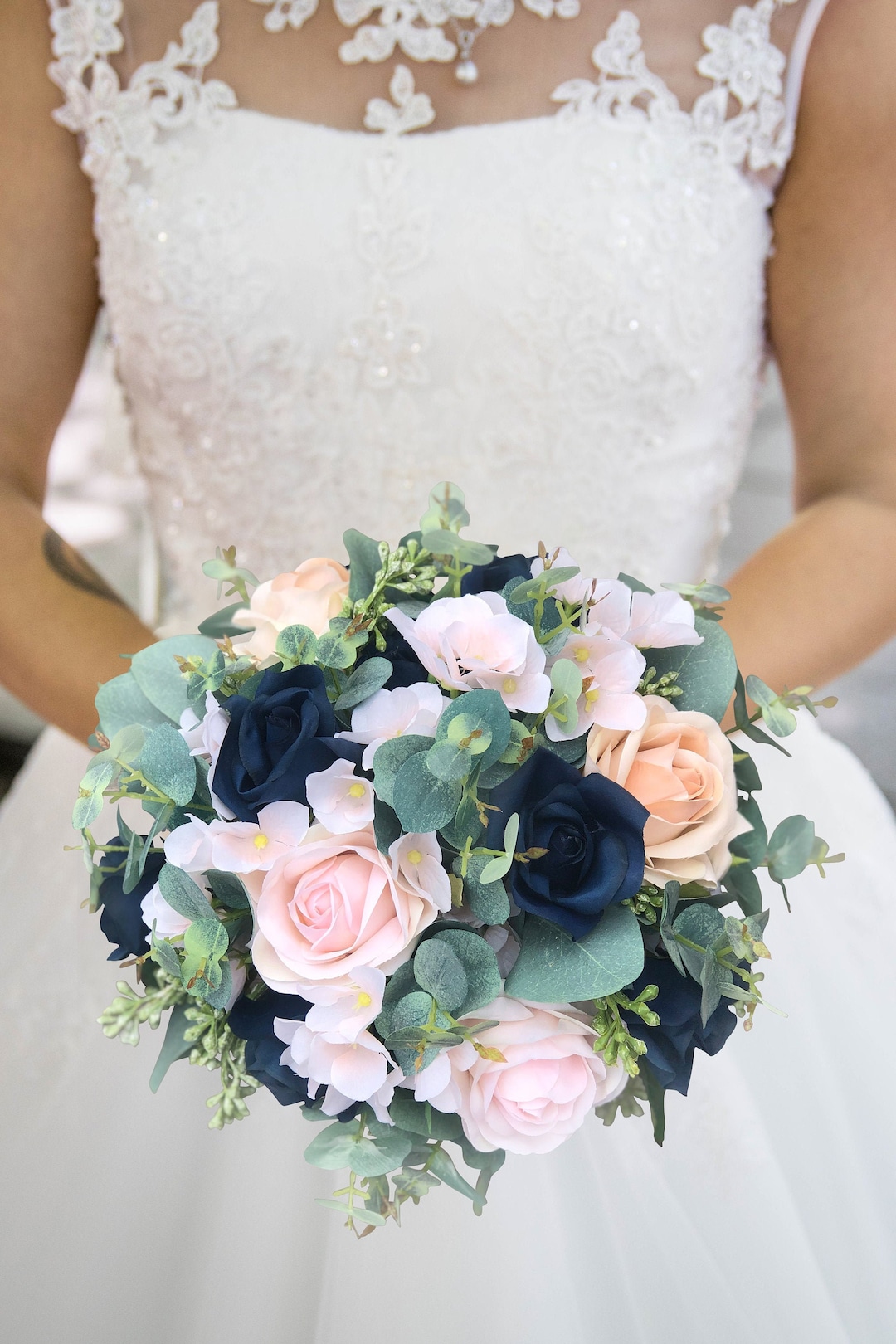 Navy Blush Wedding Bouquet: Eucalyptus Champagne Roses
