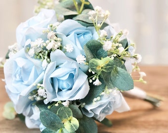 Light Blue Wedding Bouquet | Bridesmaid Bouquet | Bridal Bouquet Rose Baby's Breath & Eucalyptus Greenery (small)