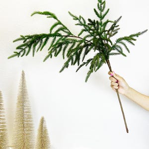 May include: A green artificial pine branch with a long brown stem. The branch is held in a hand against a white background.
