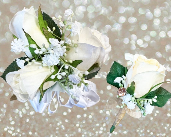 corsage for white prom dress White Spray Corsage-White Bow