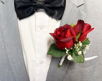 Red Double Rose + White Babies Breath Wedding Boutonniere