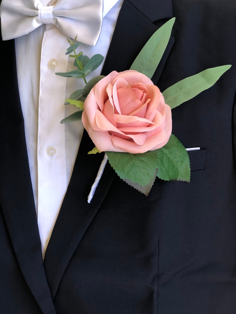 Dusty Pink Rose Eucalyptus Boutonniere Artificial Flowers Etsy