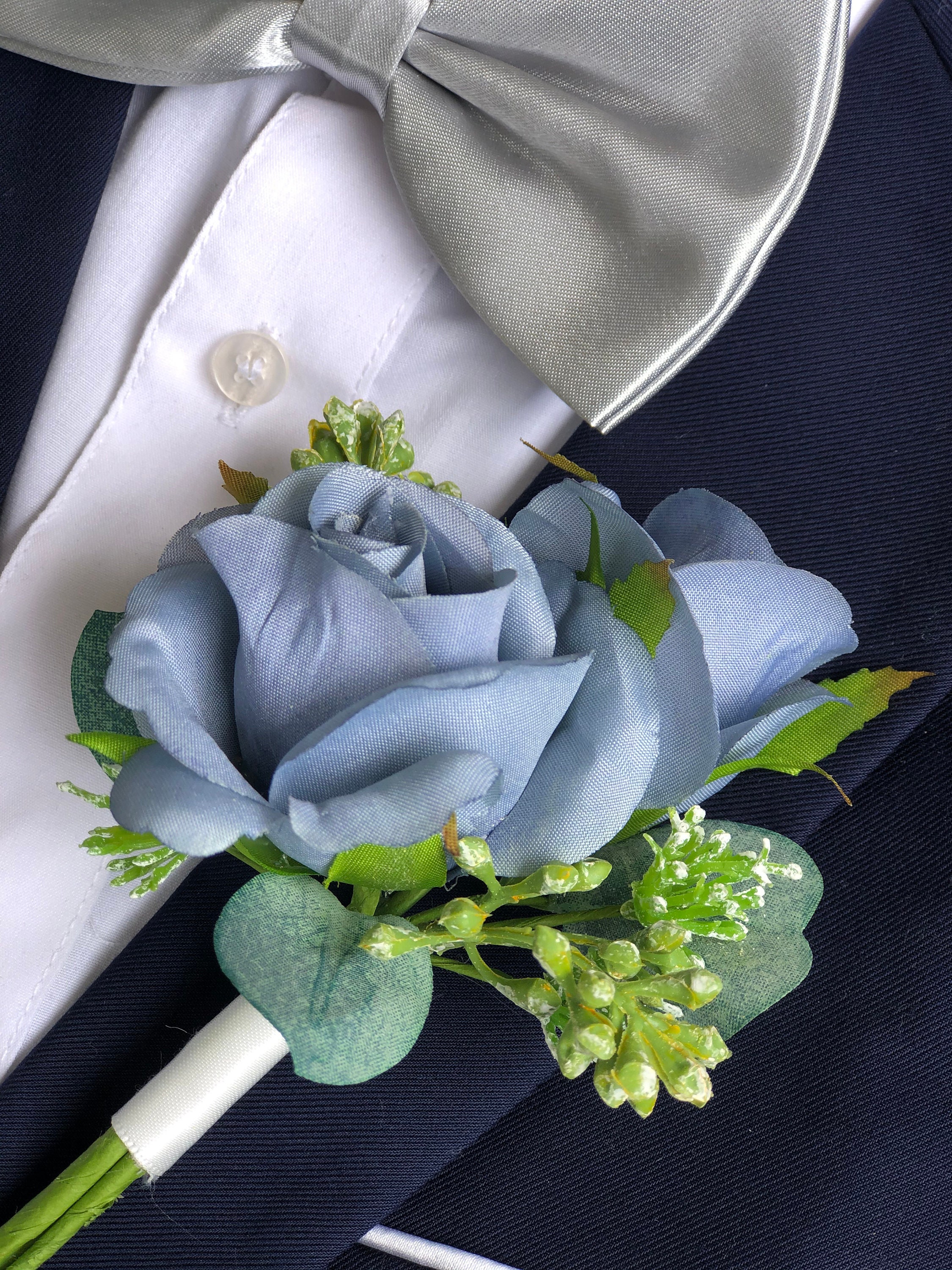 DUSTY BLUE Double Rose Eucalyptus Boutonniere Wedding - Etsy