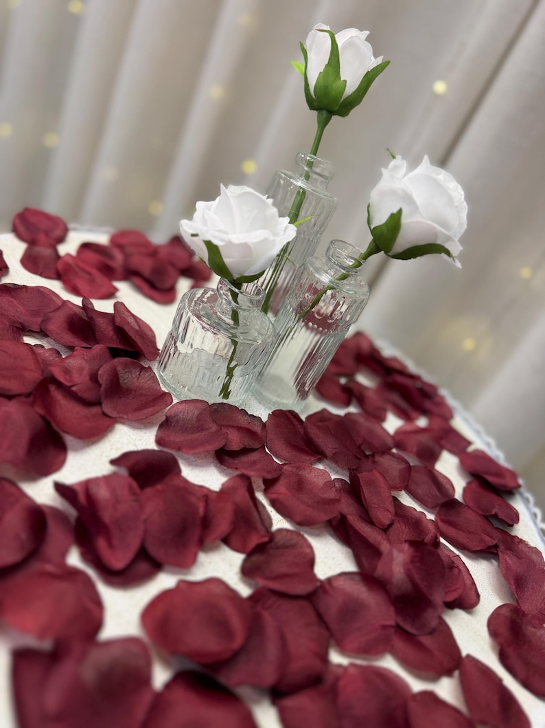 Burgundy Silk Rose Petals | Wedding Centerpiece | Aisle Decoration image 2