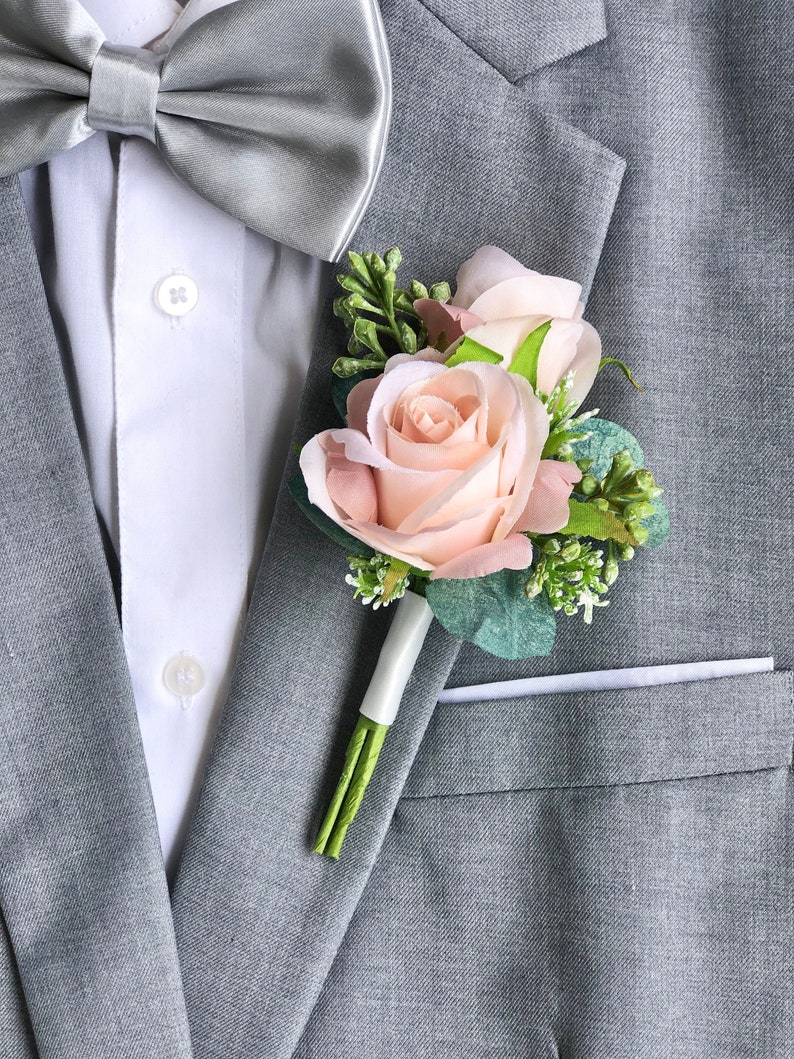 Pink Champagne Double Rose Eucalyptus Boutonniere Wedding Boutonniere for Men pink champagne image 1