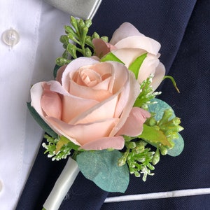 Pink Champagne Double Rose Eucalyptus Boutonniere Wedding Boutonniere for Men pink champagne image 3