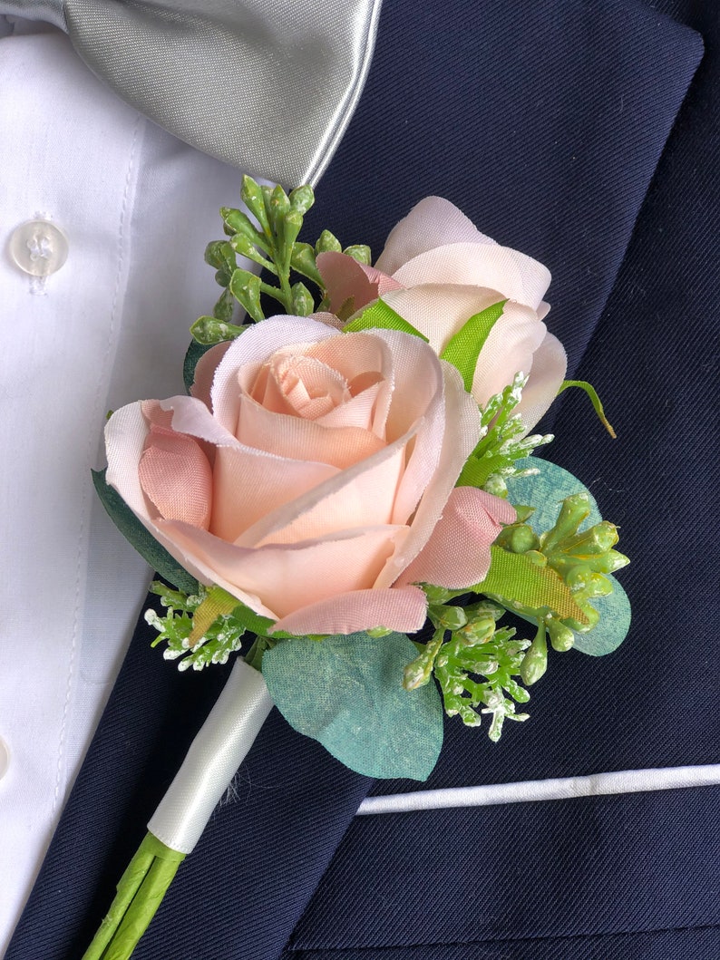 Pink Champagne Double Rose Eucalyptus Boutonniere Wedding Boutonniere for Men pink champagne image 3