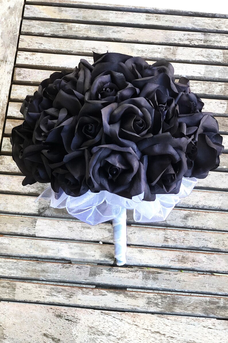 Black Beauty Rose 3 dozen silk bridal bouquet 36 black rose Black Rose Silk Wedding Flower Bouquet
