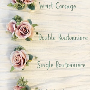 May include: Four different sizes of floral boutonnieres with blush pink roses and greenery. The boutonnieres are labeled "Wrist Corsage", "Double Boutonniere", "Single Boutonniere", and "Child Boutonniere".