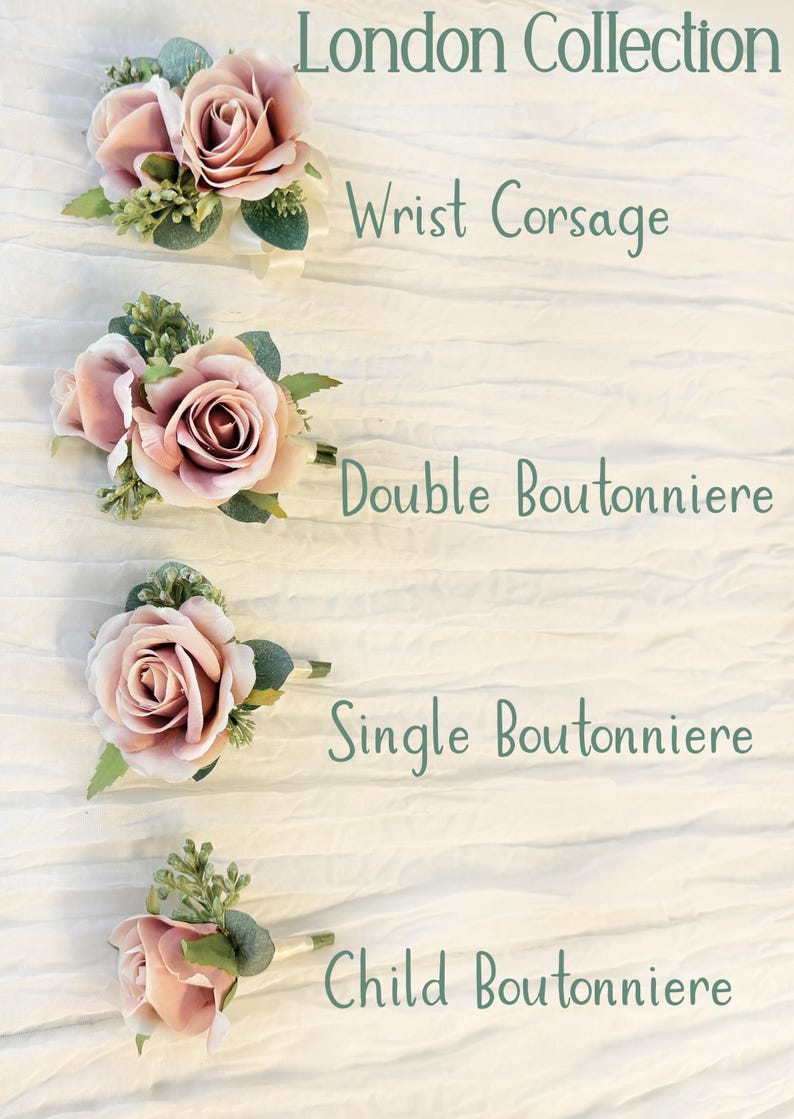 May include: Four different sizes of floral boutonnieres with blush pink roses and greenery. The boutonnieres are labeled "Wrist Corsage", "Double Boutonniere", "Single Boutonniere", and "Child Boutonniere".