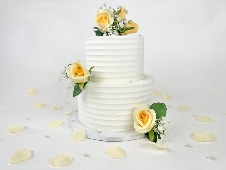 Set of 3 Buttercream Wedding Cake Flowers Matching Rose Petals Yellow Wedding Cake Topper Floral Cake Topper Boho Cake Topper image 1