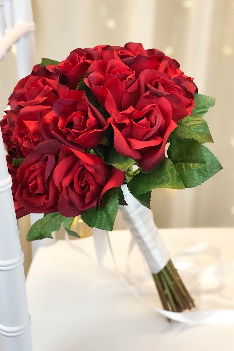 Red Silk Rose Wedding Bouquet Bridesmaid Bouquet 24 Garden Etsy