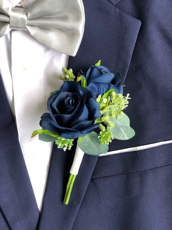 Wedding Flowers 12 x Navy Blue  Rose Buttonhole's with Eucalpytus 