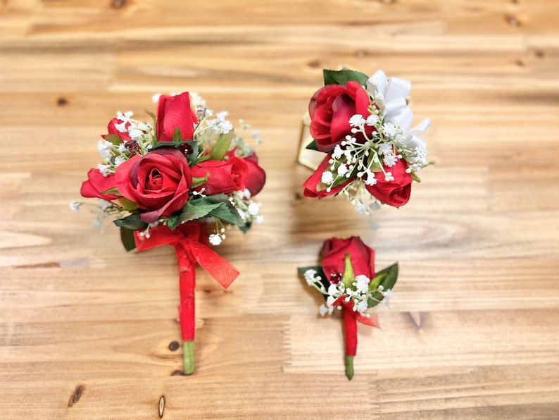 Red Prom Corsage and Boutonniere Set Handheld Bouquets for Prom Quinceanera Bouquet Flower Girl Bouquet Prom Flower Bouquet image 8