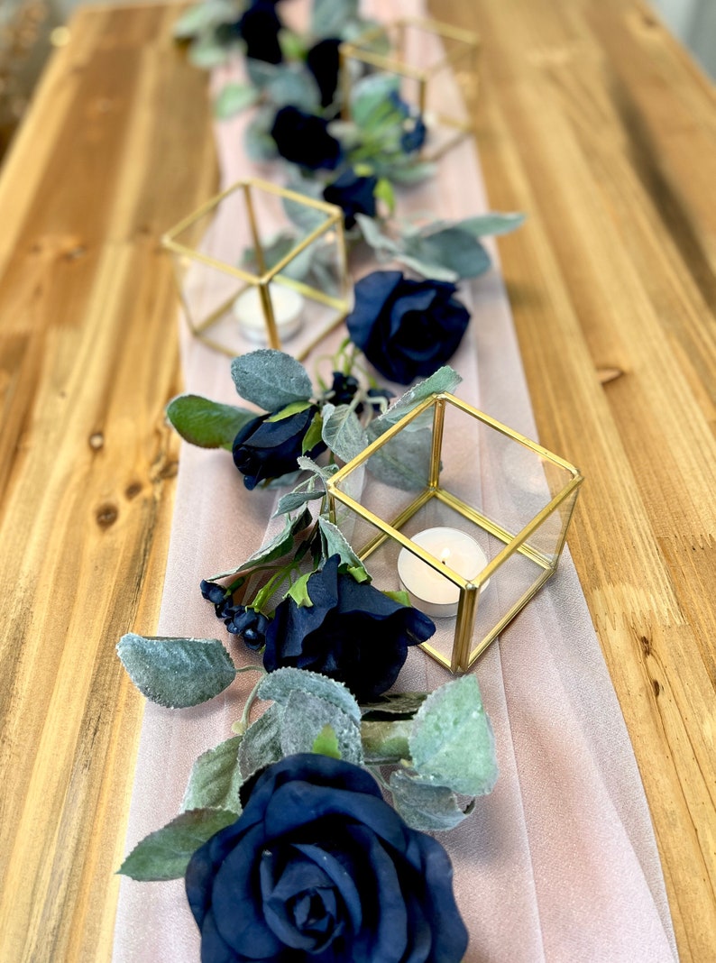 Navy Blue Flower Garland with Silver Sage Leaves Rose image 1