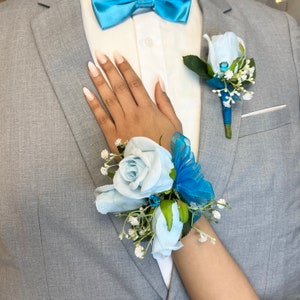 Light Blue Rose Prom Corsage & Boutonniere Set: Turquoise Chiffon Ribbon