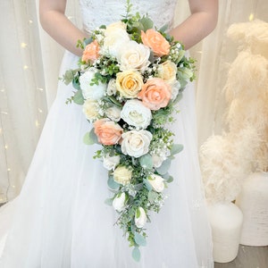 Coral & Butter Yellow Cascade Bouquet | Silk Bridal Bouquet | Cascading Wedding Bouquet | Faux Bouquet | Beautiful Teardrop Bouquet