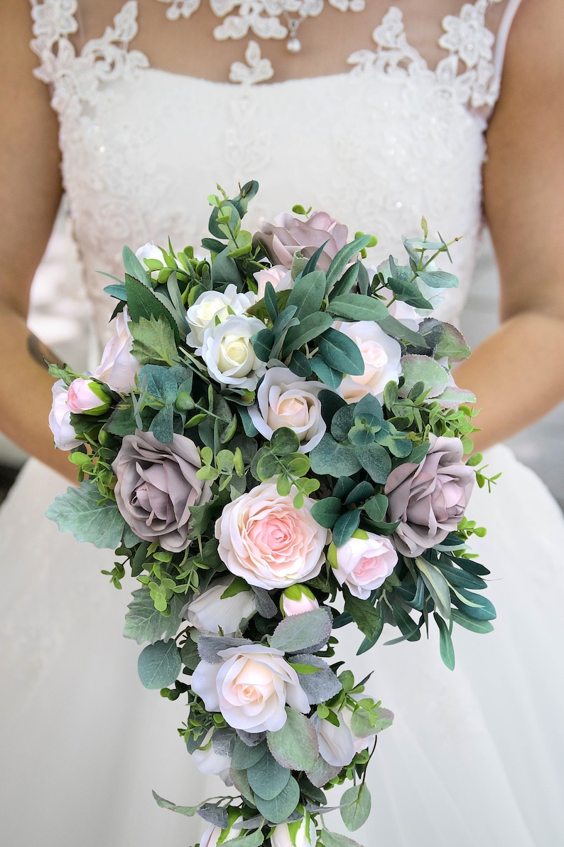 Cascading Wedding Bouquet in Blush Pink &amp; Slate Grey with