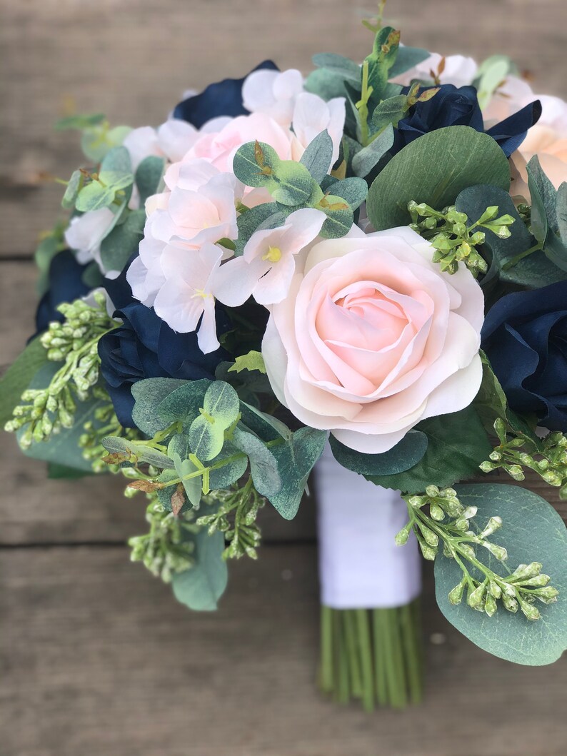 Wedding Bouquet Bridal Bouquet Navy & Blush Flowers Sage Etsy