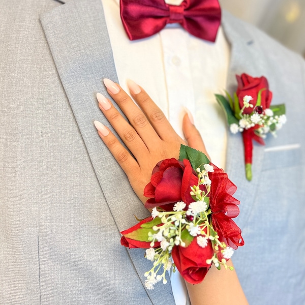 Red Prom Corsage and Boutonniere Set| Handheld Bouquets for Prom | Quinceanera Bouquet | Flower Girl Bouquet | Prom Flower Bouquet