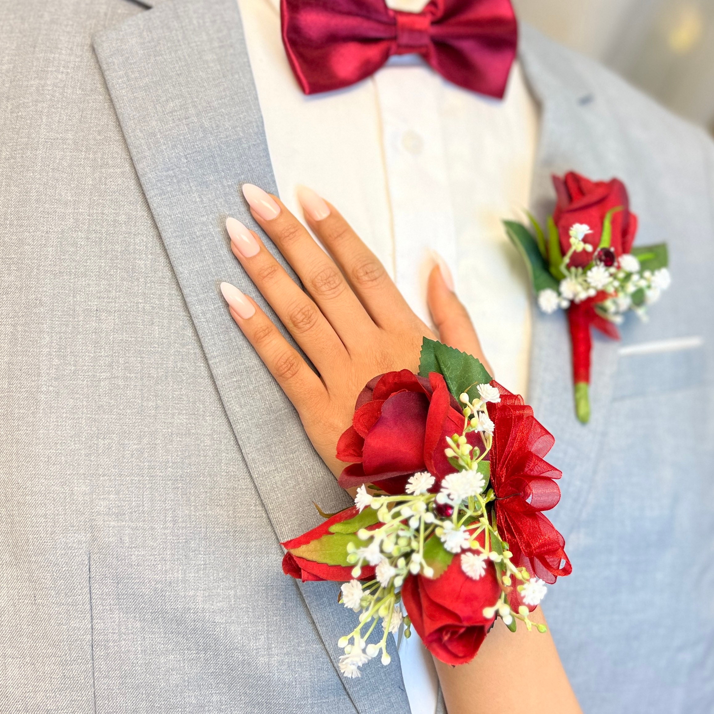 Red Prom Corsage and Set Handheld Bouquets for Etsy