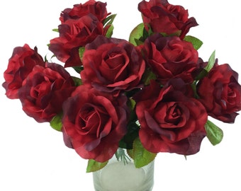 10 Red Rose Stems Silk Flower Wedding/Reception Table Decorations (14 inch)