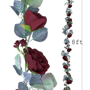 May include: Burgundy artificial rose garland with eucalyptus leaves. The garland is 8 feet long.
