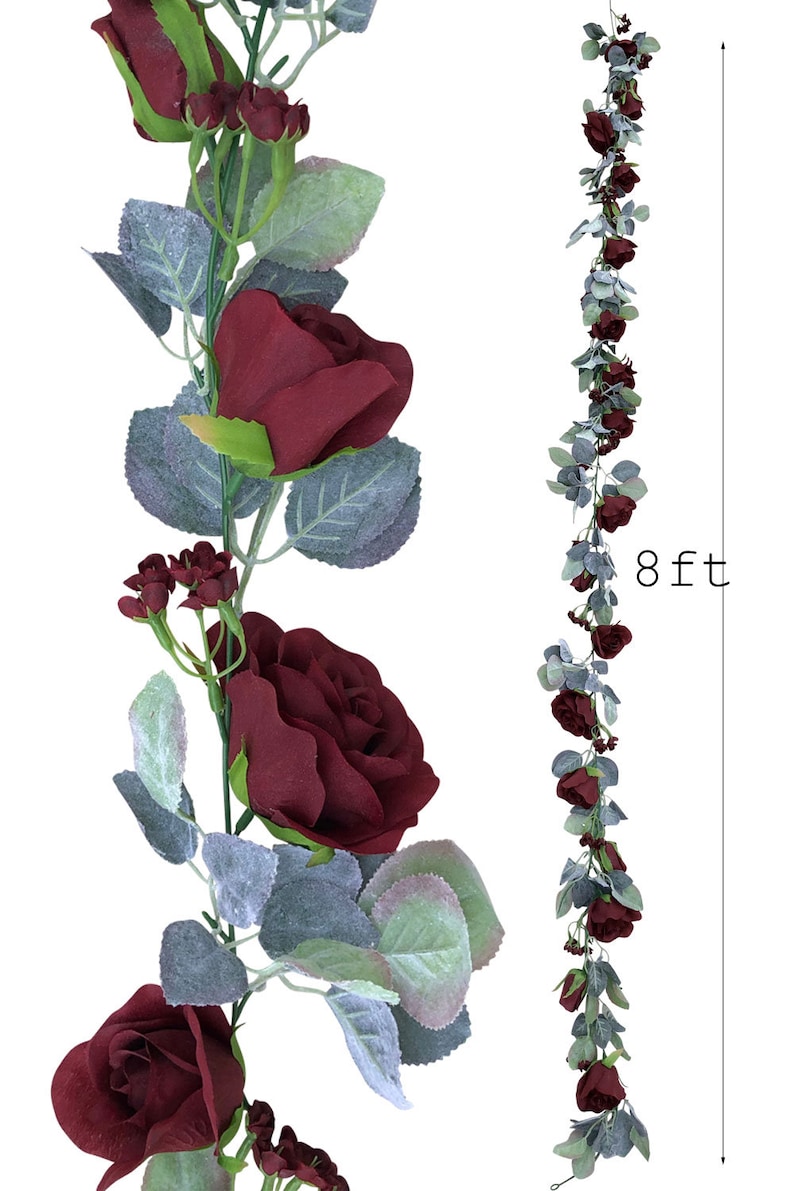 May include: Burgundy artificial rose garland with eucalyptus leaves. The garland is 8 feet long.