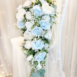 Light Blue & White Cascade Bouquet | Silk Bridal Bouquet | Cascading Wedding Bouquet | Faux Bouquet | Beautiful Teardrop Bouquet