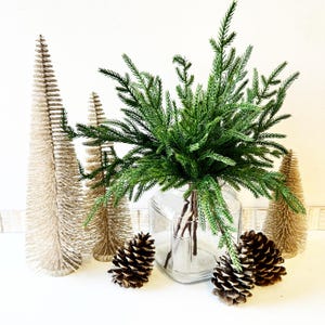 May include: A clear glass vase filled with green artificial pine sprigs, surrounded by four small brown pine cones and three beige brush-like Christmas trees.