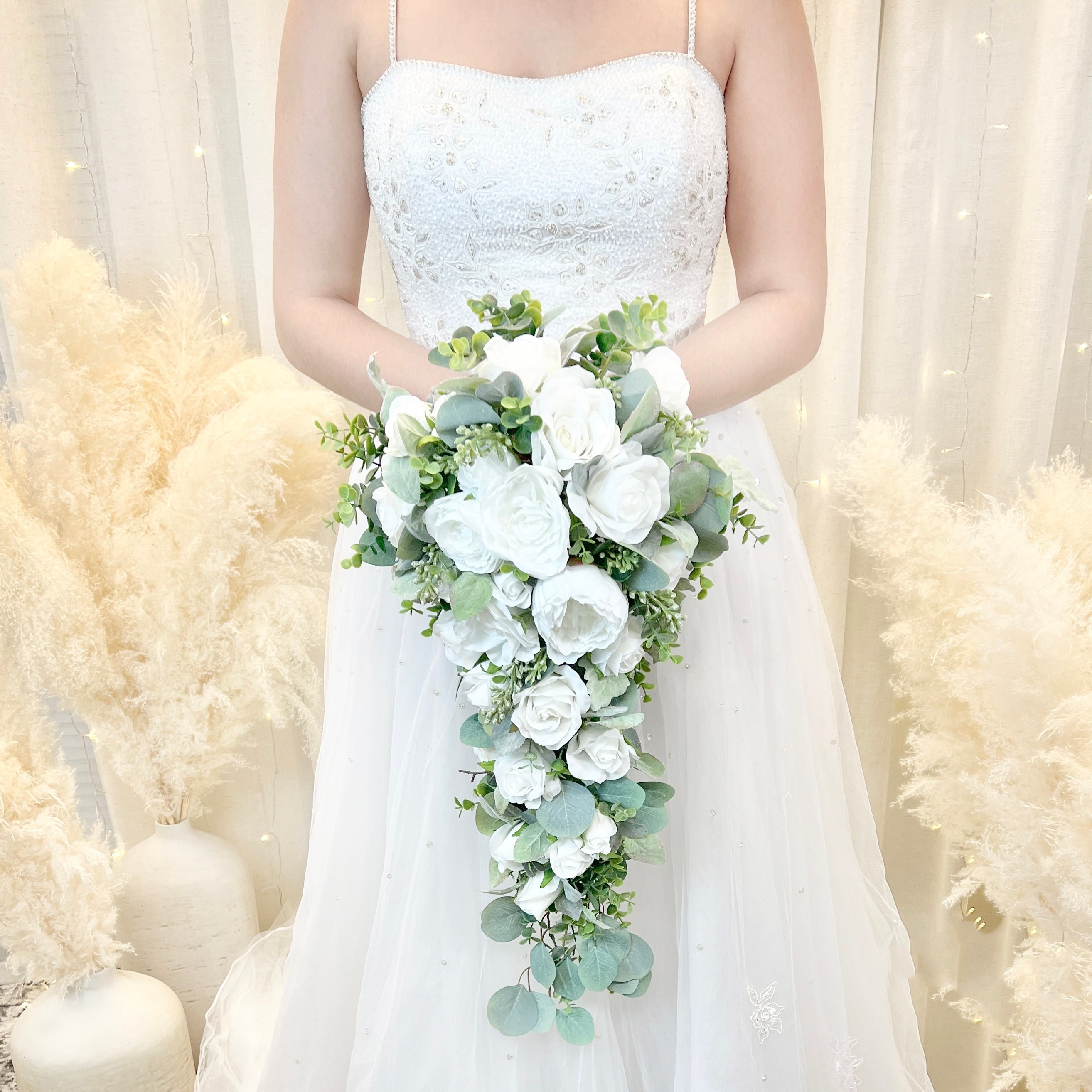 White Cascade Bouquet With Mini Roses | Silk Bridal Bouquet