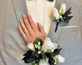 Black Sparkle Prom Corsage and Boutonniere Set: Rose & Ribbon