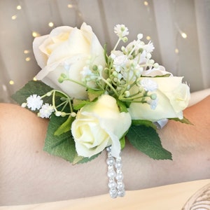 Ivory Rose Wedding Corsage with Babies Breath & Satin Bow