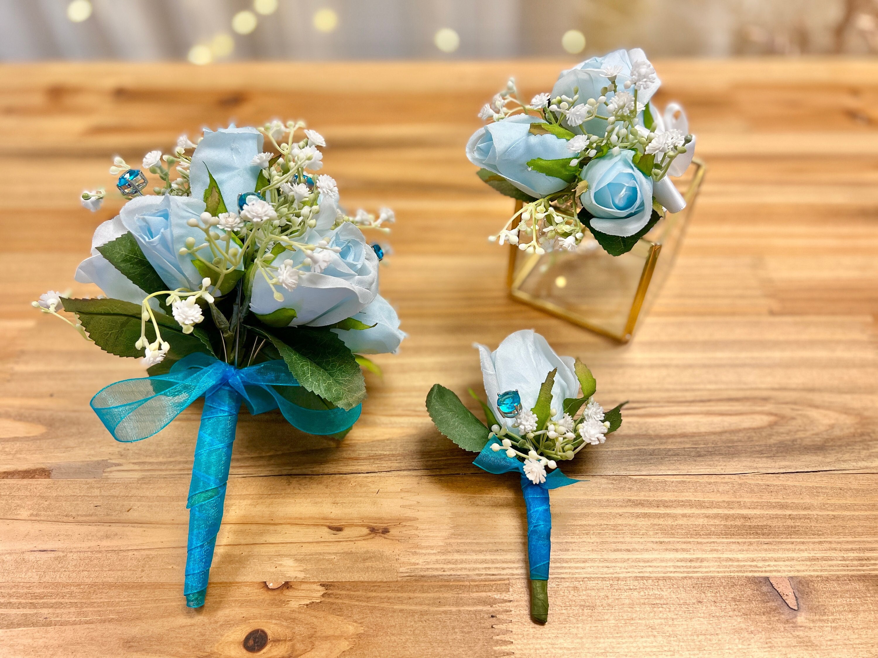 Light Blue Prom Corsage and Boutonniere Set| Handheld