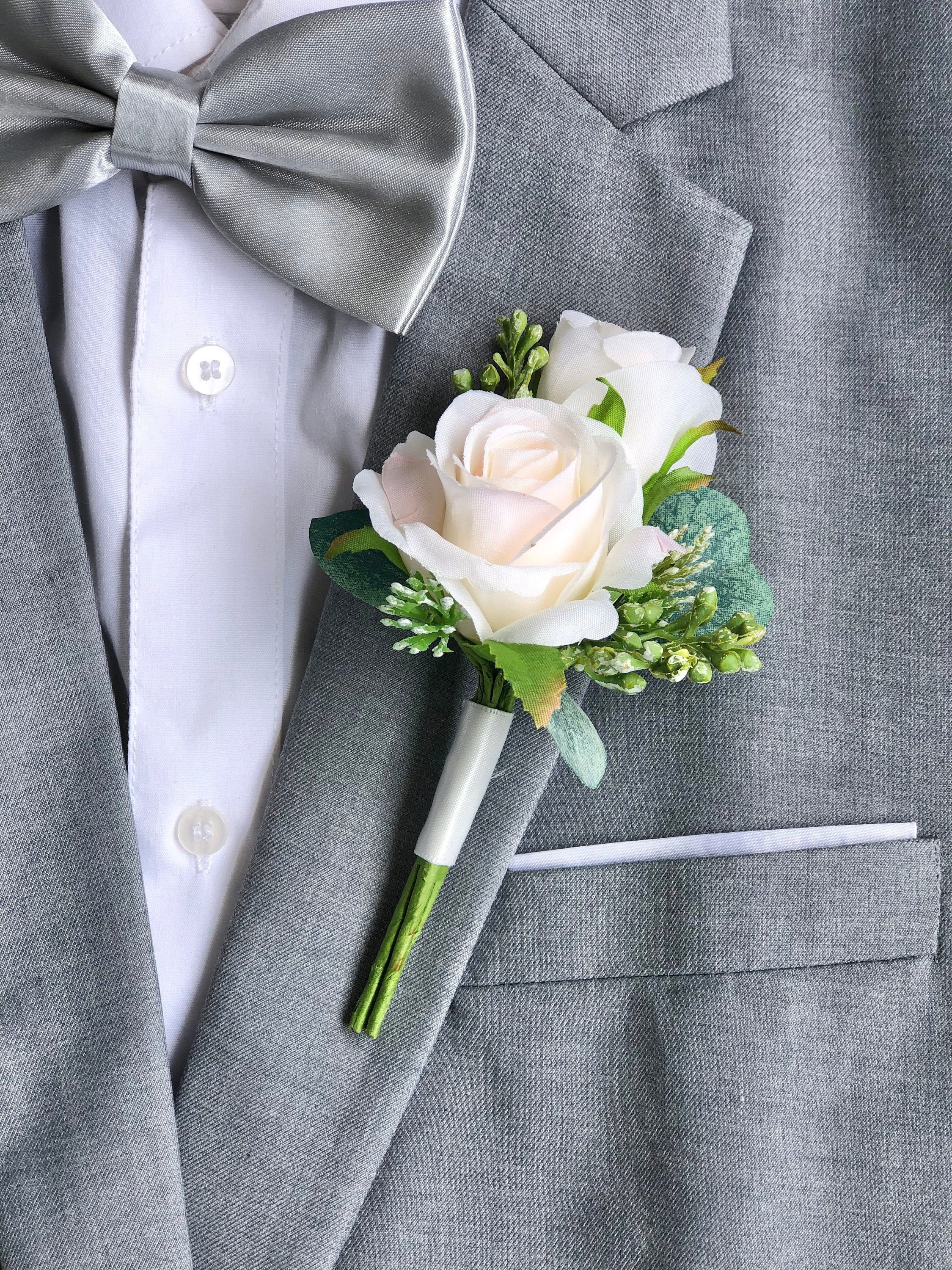 Ivory Blush Double Rose Eucalyptus Boutonniere | Wedding Boutonniere …