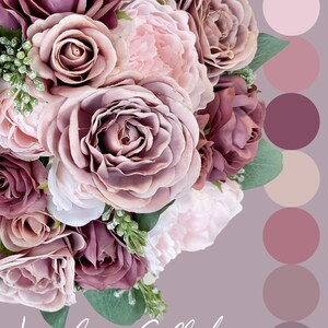 May include: A bouquet of blush pink and mauve roses and peonies with green foliage. The flowers are arranged in a circular shape and are surrounded by a light purple background. The text "London Collection" is written in white cursive at the bottom of the image.