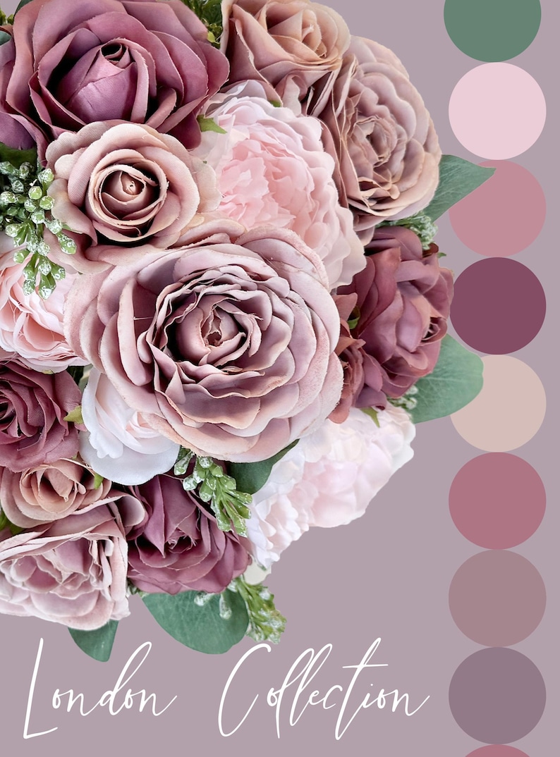 May include: A bouquet of blush pink and mauve roses and peonies with green foliage. The flowers are arranged in a circular shape and are surrounded by a light purple background. The text "London Collection" is written in white cursive at the bottom of the image.