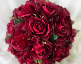 Red Silk Rose Wedding Bouquet | Bridesmaid Bouquet| 18 Garden Rose Stems (large)