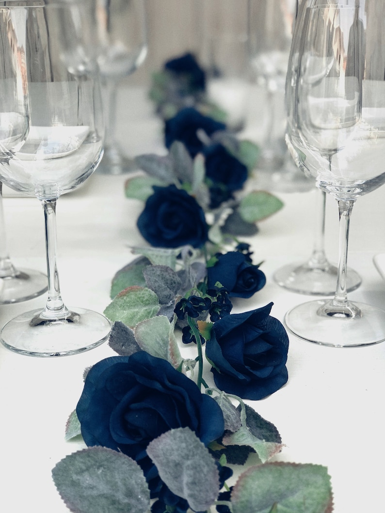 Navy Blue Flower Garland with Silver Sage Leaves Rose Wedding Garland Wedding Arch Garland Decor Artificial Flowers & Greenery Garland image 8