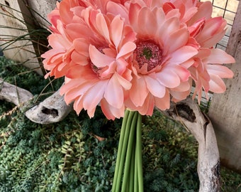 Peach Daisy Bouquet - Silk Bridal Wedding Bouquet- 9 stems