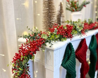 Berry + Eucalyptus Christmas Garland for Mantel | Farmhouse Christmas Decor