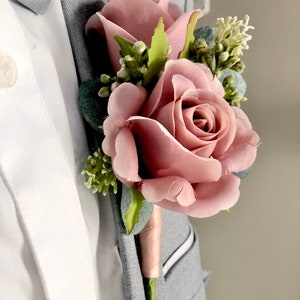 Dusty Rose Wedding Boutonniere: Eucalyptus & Double Rose